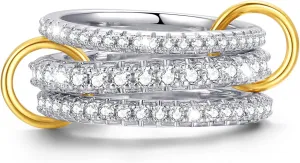 Sterling Silver Cubic Zirconia Stackable Rings for Women ??Silver Gold Multi Ring Interlocked 3-Piece Set, Non-Tarnish Dainty Cubic Zirconia Bands Two-Toned Stacking Jewelry