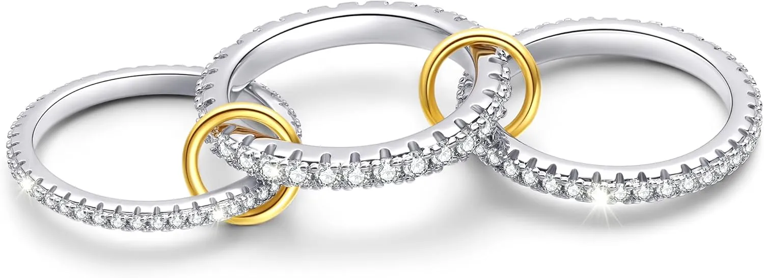Sterling Silver Cubic Zirconia Stackable Rings for Women ??Silver Gold Multi Ring Interlocked 3-Piece Set, Non-Tarnish Dainty Cubic Zirconia Bands Two-Toned Stacking Jewelry