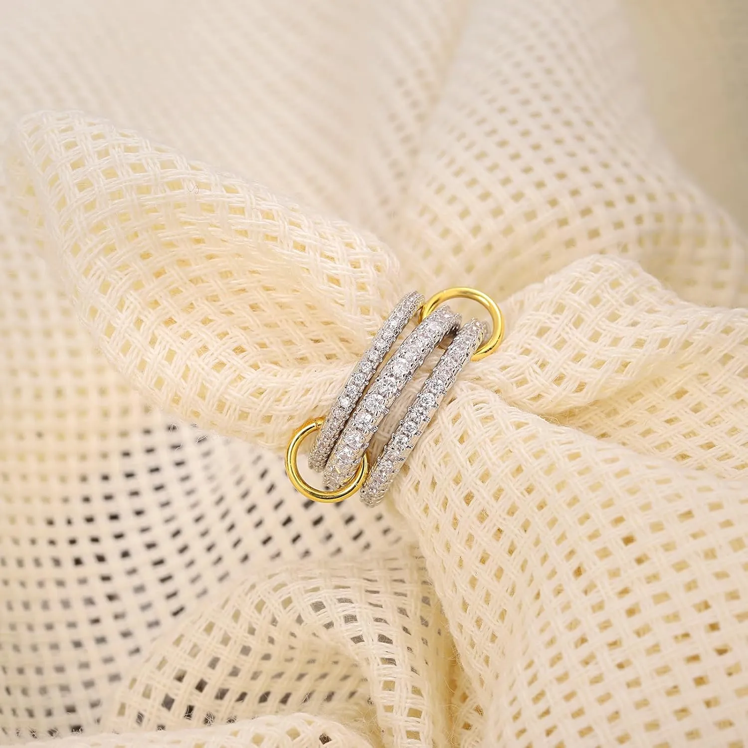 Sterling Silver Cubic Zirconia Stackable Rings for Women ??Silver Gold Multi Ring Interlocked 3-Piece Set, Non-Tarnish Dainty Cubic Zirconia Bands Two-Toned Stacking Jewelry