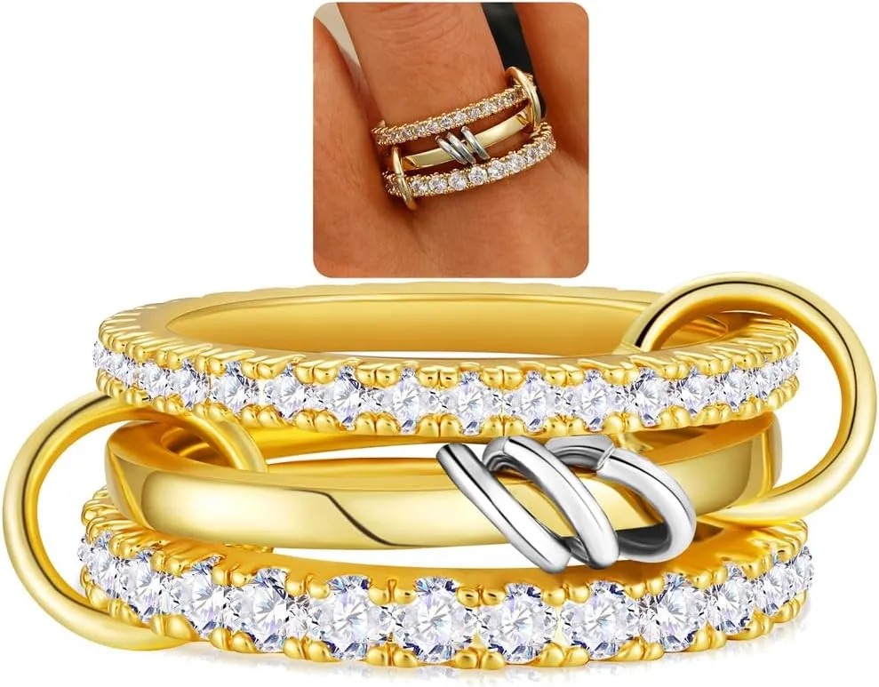 Sterling Silver Interlocked Stackable Rings for Women Mixed Thumb Ring Non Tarnish Multi Link Connected Ring Women Fidget Rings for Anxiety 6-10