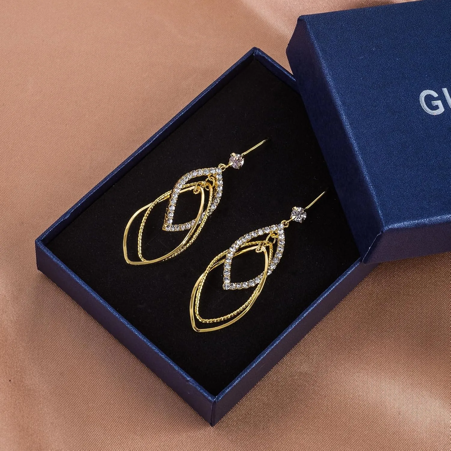 Sterling Silver Teardrop Dangle Earrings for Women,14k Gold Plated Double Linear Drop Hoop Diamonds Earrings (Gold)