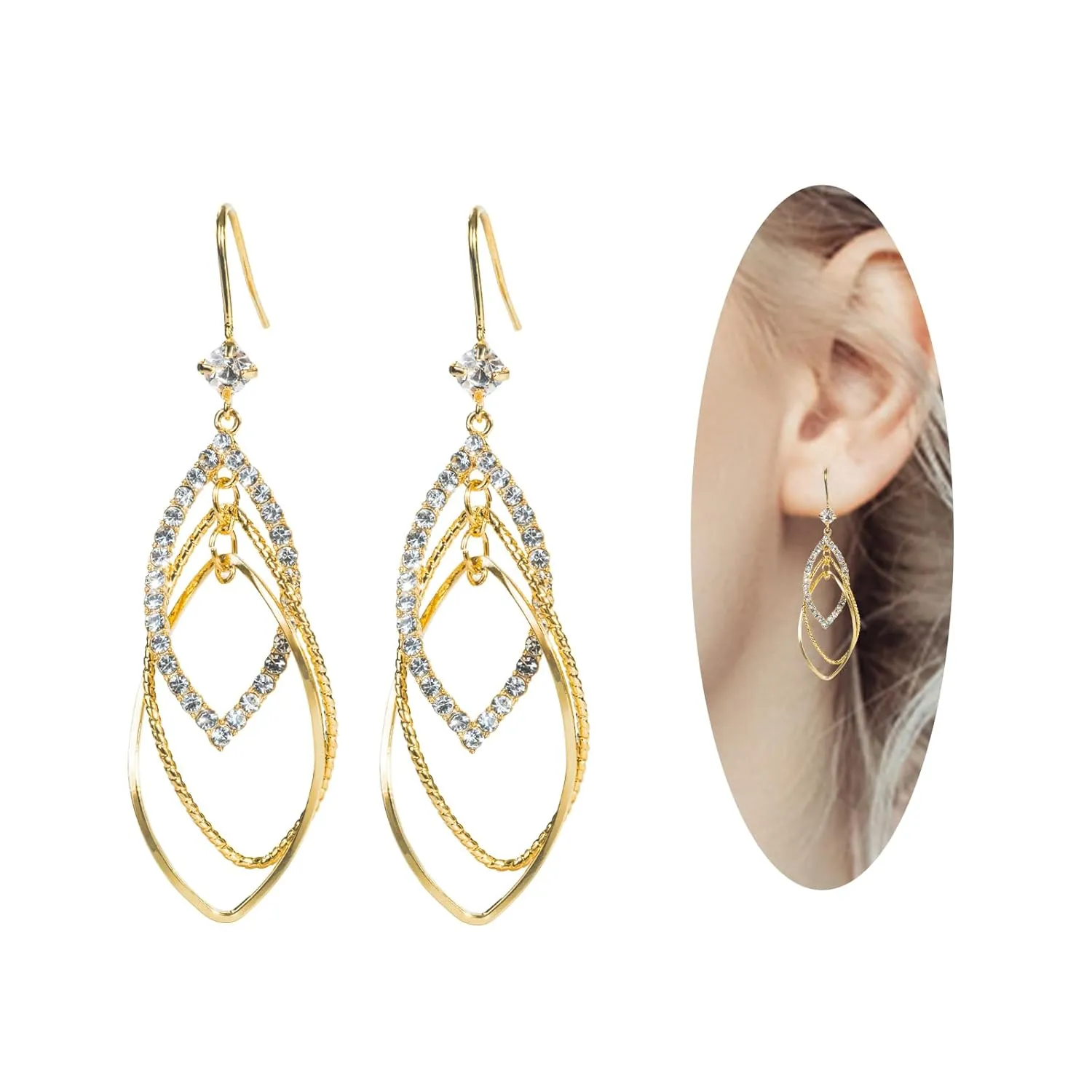 Sterling Silver Teardrop Dangle Earrings for Women,14k Gold Plated Double Linear Drop Hoop Diamonds Earrings (Gold)