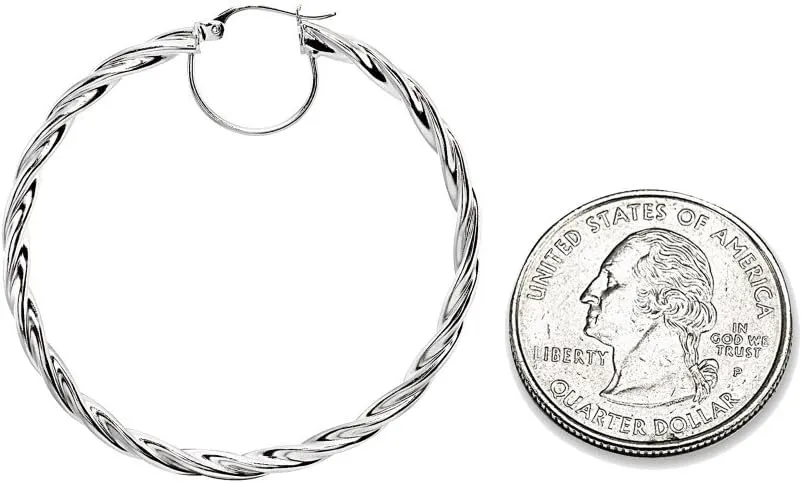 Sterling Silver Twist Round Hoop Earrings for Women (3x15mm - 45mm Diameter)