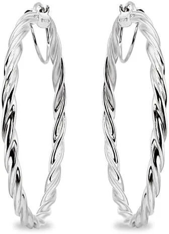 Sterling Silver Twist Round Hoop Earrings for Women (3x15mm - 45mm Diameter)