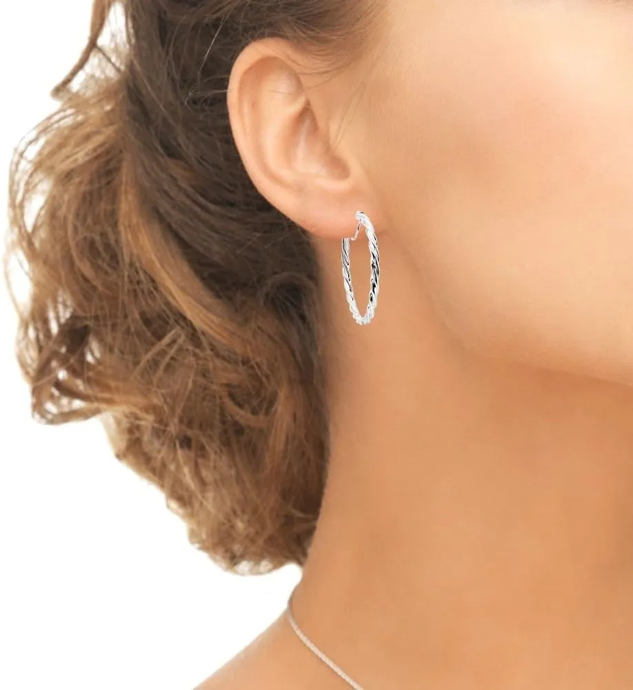 Sterling Silver Twist Round Hoop Earrings for Women (3x15mm - 45mm Diameter)
