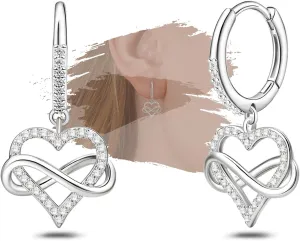 Sterling Sliver Love Heart Hoop Earrings with Dangle Charms for Women Sparkling Cubic Zironia Hypoallergenic Heart-Shaped Hoop Dangle Earrings for Mom Wife Sensitive Ears