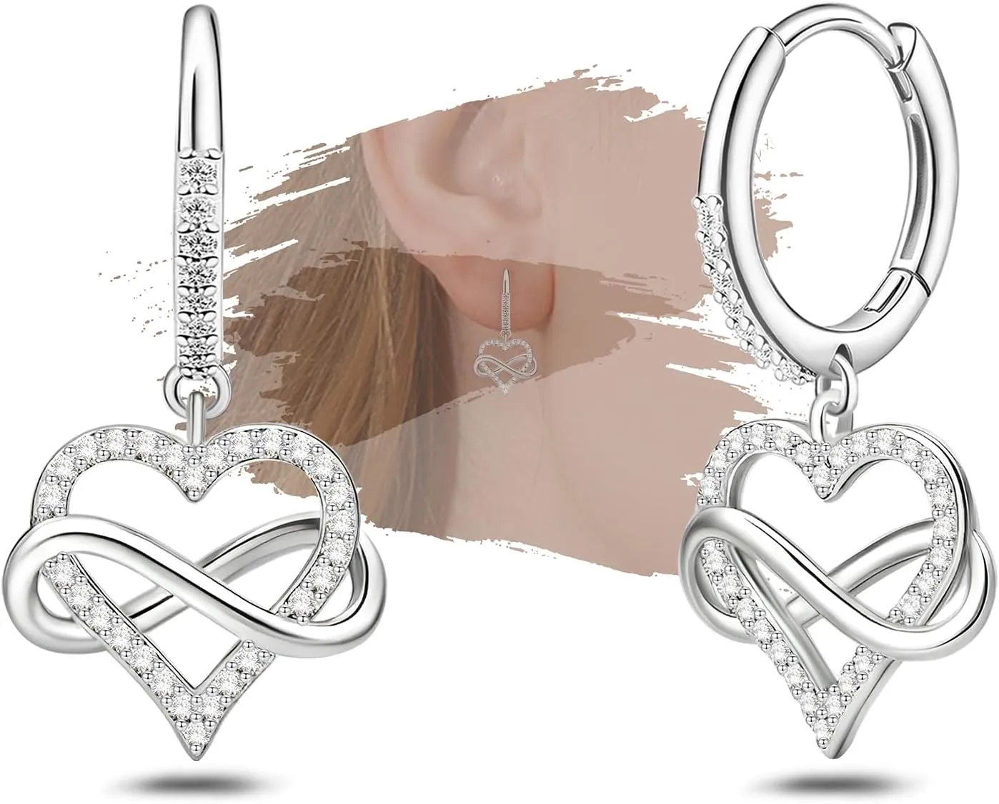 Sterling Sliver Love Heart Hoop Earrings with Dangle Charms for Women Sparkling Cubic Zironia Hypoallergenic Heart-Shaped Hoop Dangle Earrings for Mom Wife Sensitive Ears