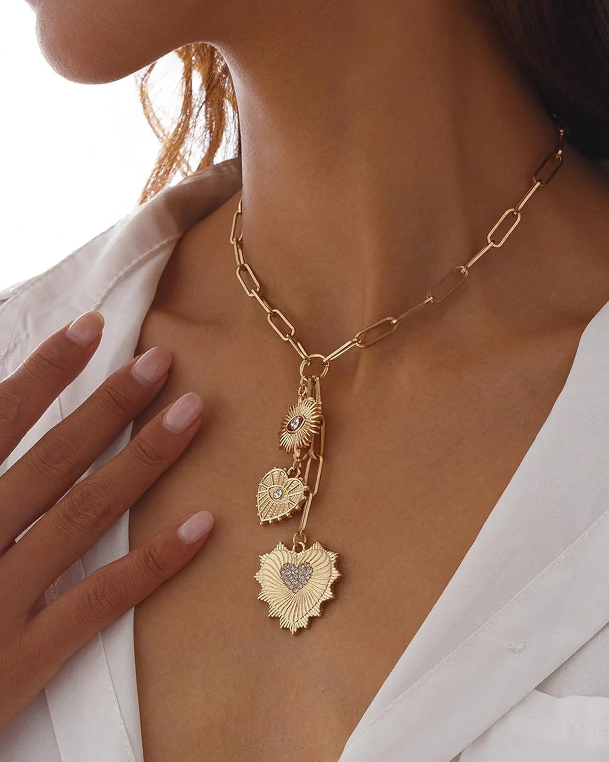 Sun Heart Pendant Necklace for Women,18k Gold Plated with Zircons Inlaid Pendants,Trendy Sun Heart Necklace Paperclip Chain Necklace Hip Hop Neutral Jewelry Accessories