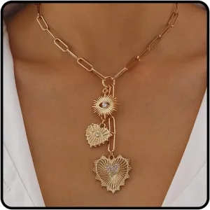 Sun Heart Pendant Necklace for Women,18k Gold Plated with Zircons Inlaid Pendants,Trendy Sun Heart Necklace Paperclip Chain Necklace Hip Hop Neutral Jewelry Accessories