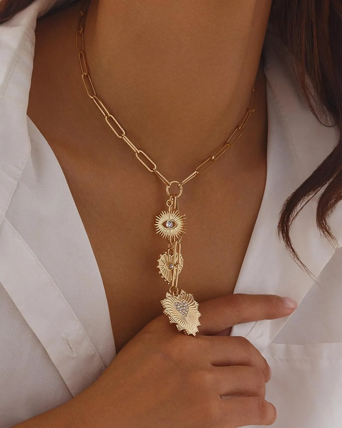 Sun Heart Pendant Necklace for Women,18k Gold Plated with Zircons Inlaid Pendants,Trendy Sun Heart Necklace Paperclip Chain Necklace Hip Hop Neutral Jewelry Accessories
