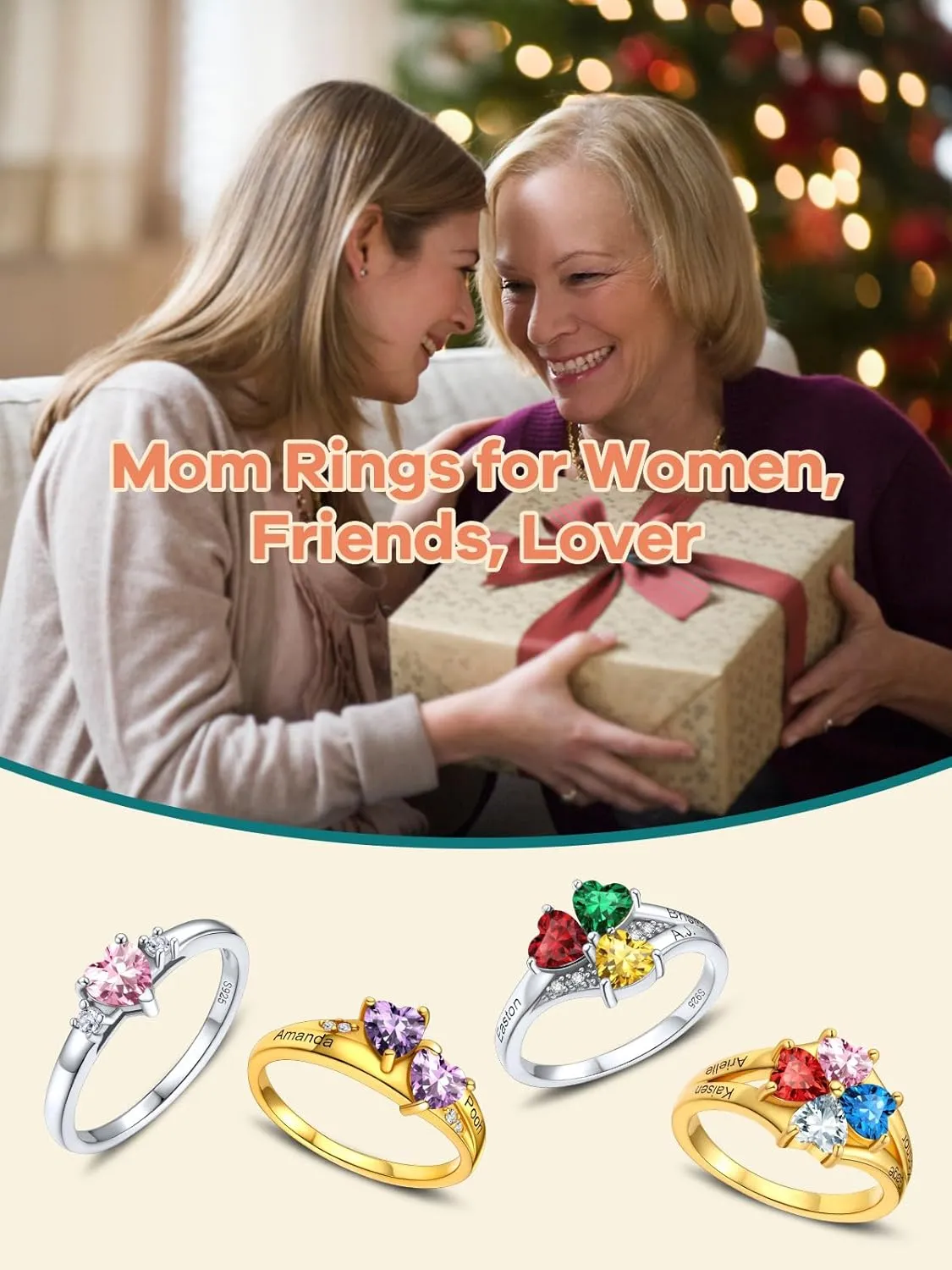 Supcare Mother Ring with Personalized 1-5 Birthstones Custom Sterling Silver Thumb Ring with Family Names Gifts for Mom Girlfriend (with Gift Package)