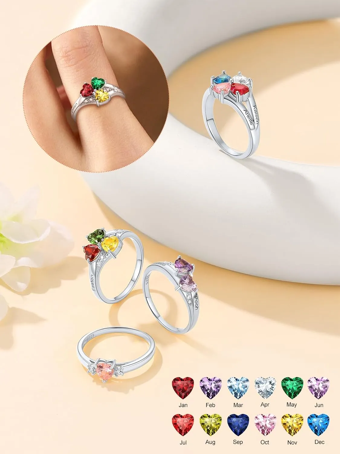 Supcare Mother Ring with Personalized 1-5 Birthstones Custom Sterling Silver Thumb Ring with Family Names Gifts for Mom Girlfriend (with Gift Package)