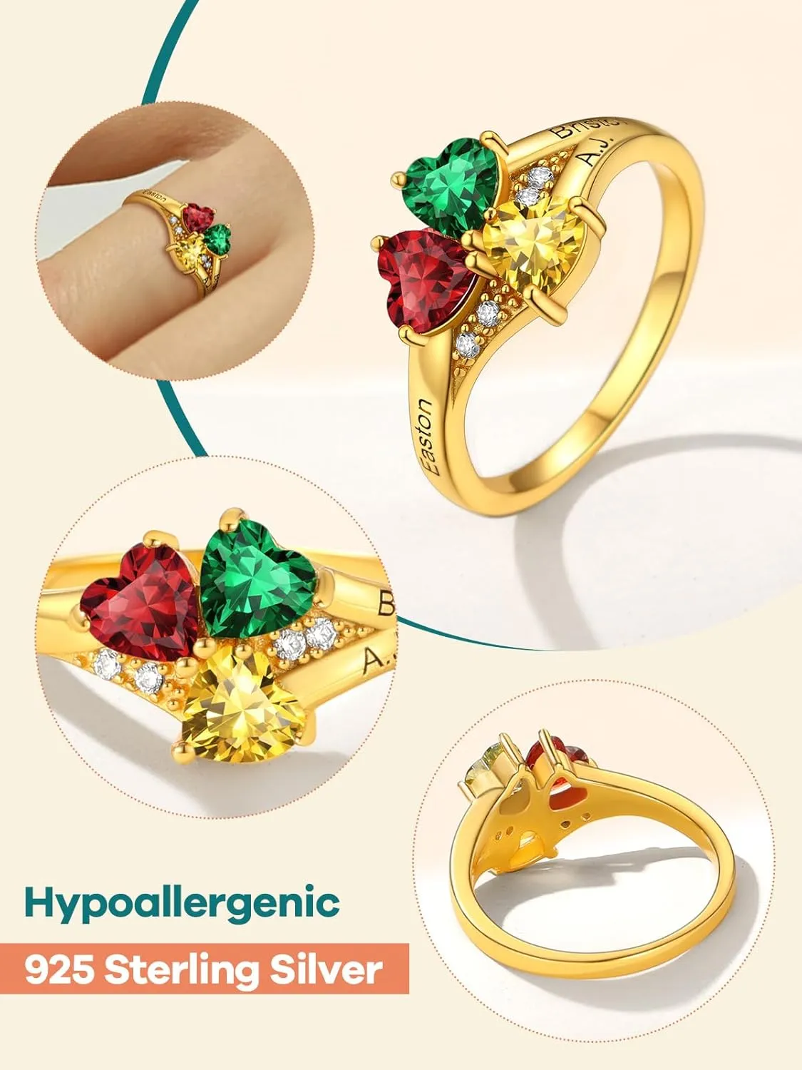 Supcare Mother Ring with Personalized 1-5 Birthstones Custom Sterling Silver Thumb Ring with Family Names Gifts for Mom Girlfriend (with Gift Package)