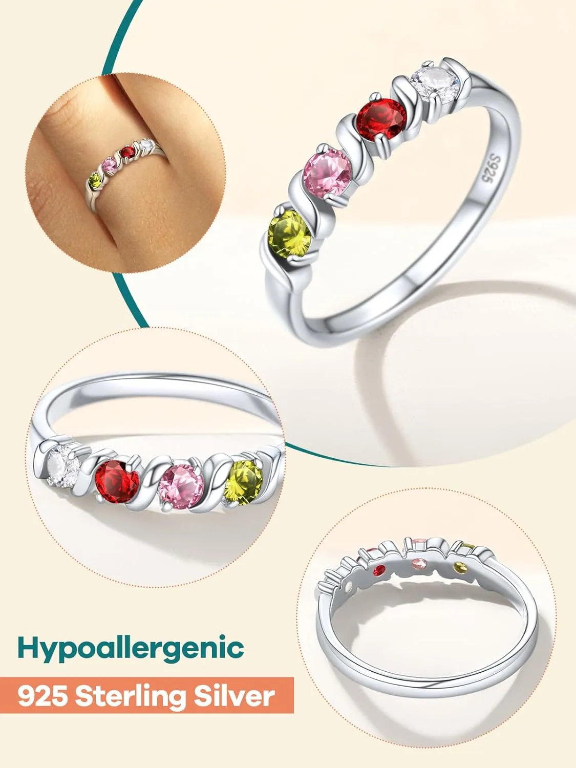 Supcare Mother Ring with Personalized 1-5 Birthstones Custom Sterling Silver Thumb Ring with Family Names Gifts for Mom Girlfriend (with Gift Package)