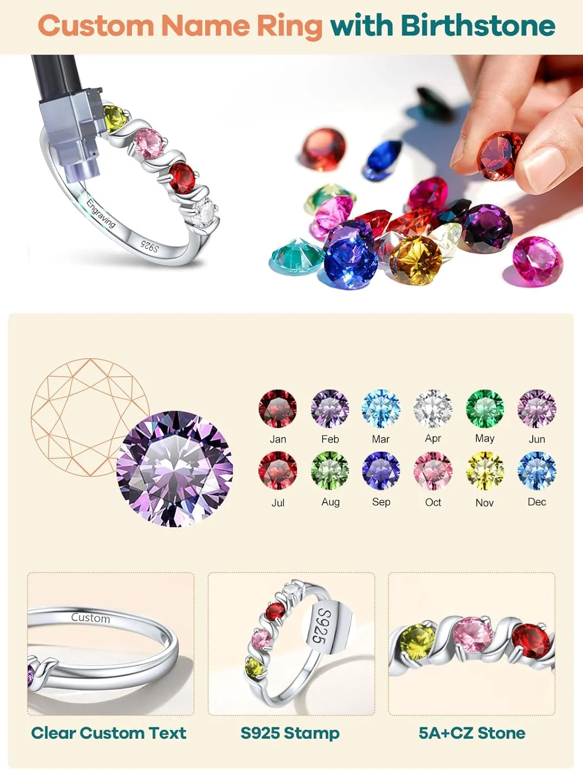 Supcare Mother Ring with Personalized 1-5 Birthstones Custom Sterling Silver Thumb Ring with Family Names Gifts for Mom Girlfriend (with Gift Package)