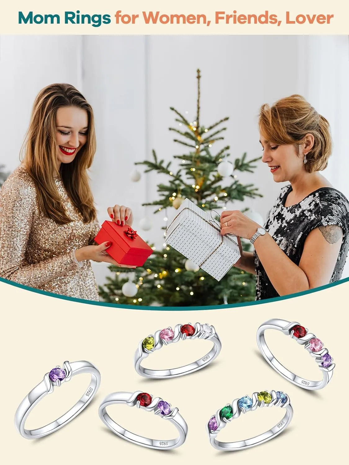 Supcare Mother Ring with Personalized 1-5 Birthstones Custom Sterling Silver Thumb Ring with Family Names Gifts for Mom Girlfriend (with Gift Package)
