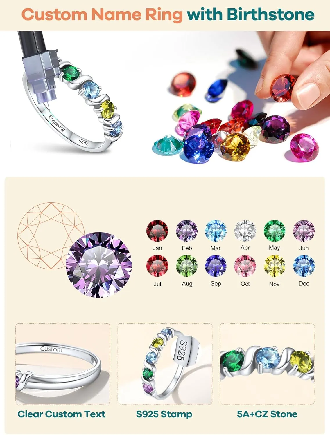 Supcare Mother Ring with Personalized 1-5 Birthstones Custom Sterling Silver Thumb Ring with Family Names Gifts for Mom Girlfriend (with Gift Package)
