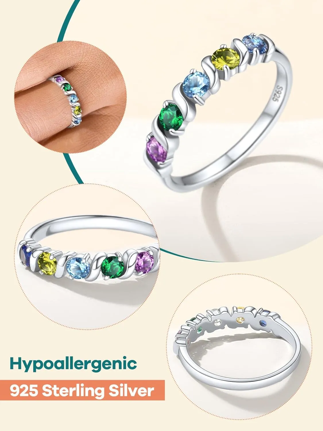 Supcare Mother Ring with Personalized 1-5 Birthstones Custom Sterling Silver Thumb Ring with Family Names Gifts for Mom Girlfriend (with Gift Package)