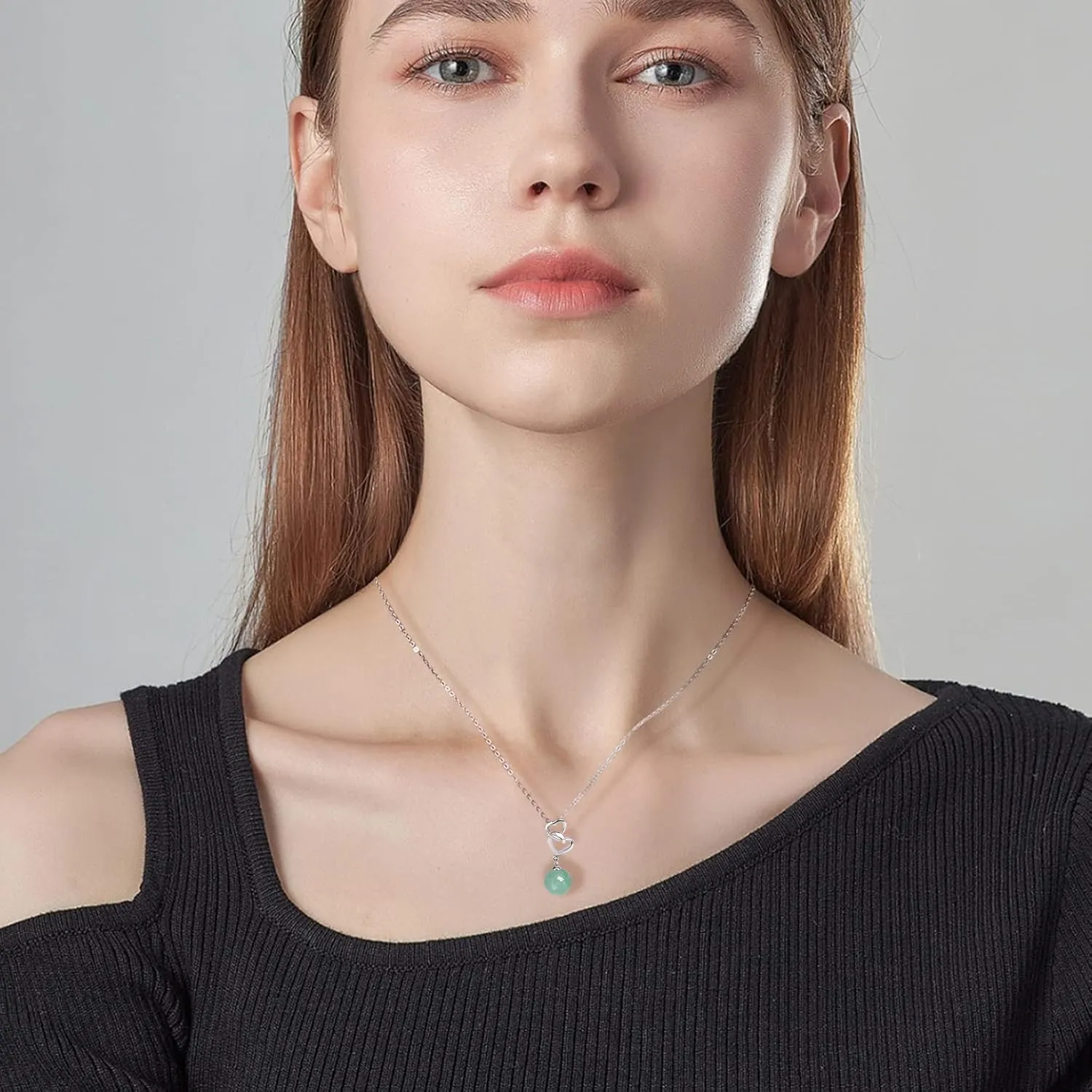 Sweat-heart Jade Necklace Pendants Necklace Gift for Mom Green Jade Necklace Sweat-heart Crystal Zircon 925 Sterling Silver Necklace for Women Party Wedding Gift (Design-F)