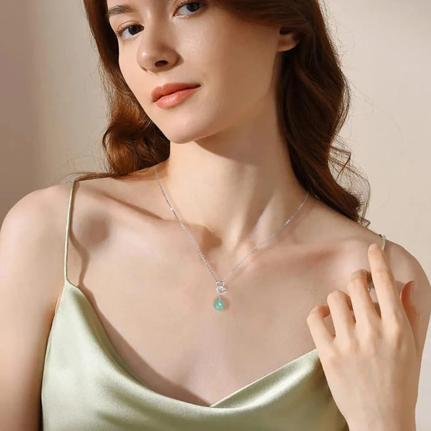 Sweat-heart Jade Necklace Pendants Necklace Gift for Mom Green Jade Necklace Sweat-heart Crystal Zircon 925 Sterling Silver Necklace for Women Party Wedding Gift (Design-F)