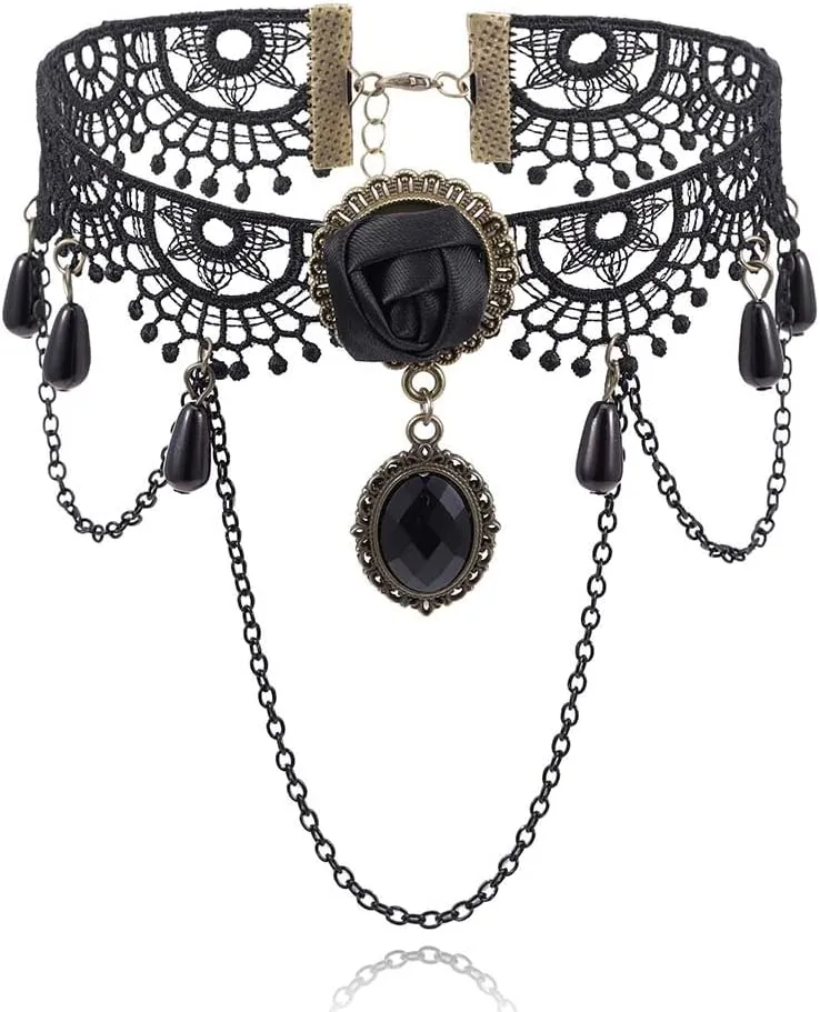 Tgirls Black Lace Choker Necklaces for Women Gothic Crystal Choker Retro Steampunk Lace Chokers Halloween Costumes Party Jewelry