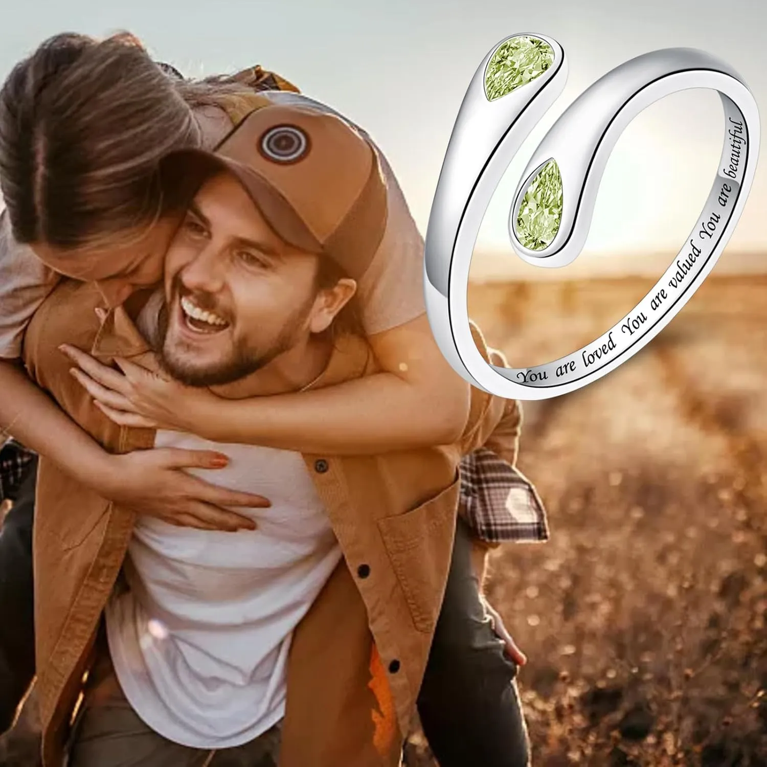 Thumb Rings for Women - 925 Sterling Silver Birthstone Open Teardrop Encouragement Adjustable Ring Women Gifts for Teens Mom Birthday Mother's Day St Patricks Day