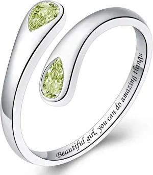 Thumb Rings for Women - 925 Sterling Silver Birthstone Open Teardrop Encouragement Adjustable Ring Women Gifts for Teens Mom Birthday Mother's Day St Patricks Day