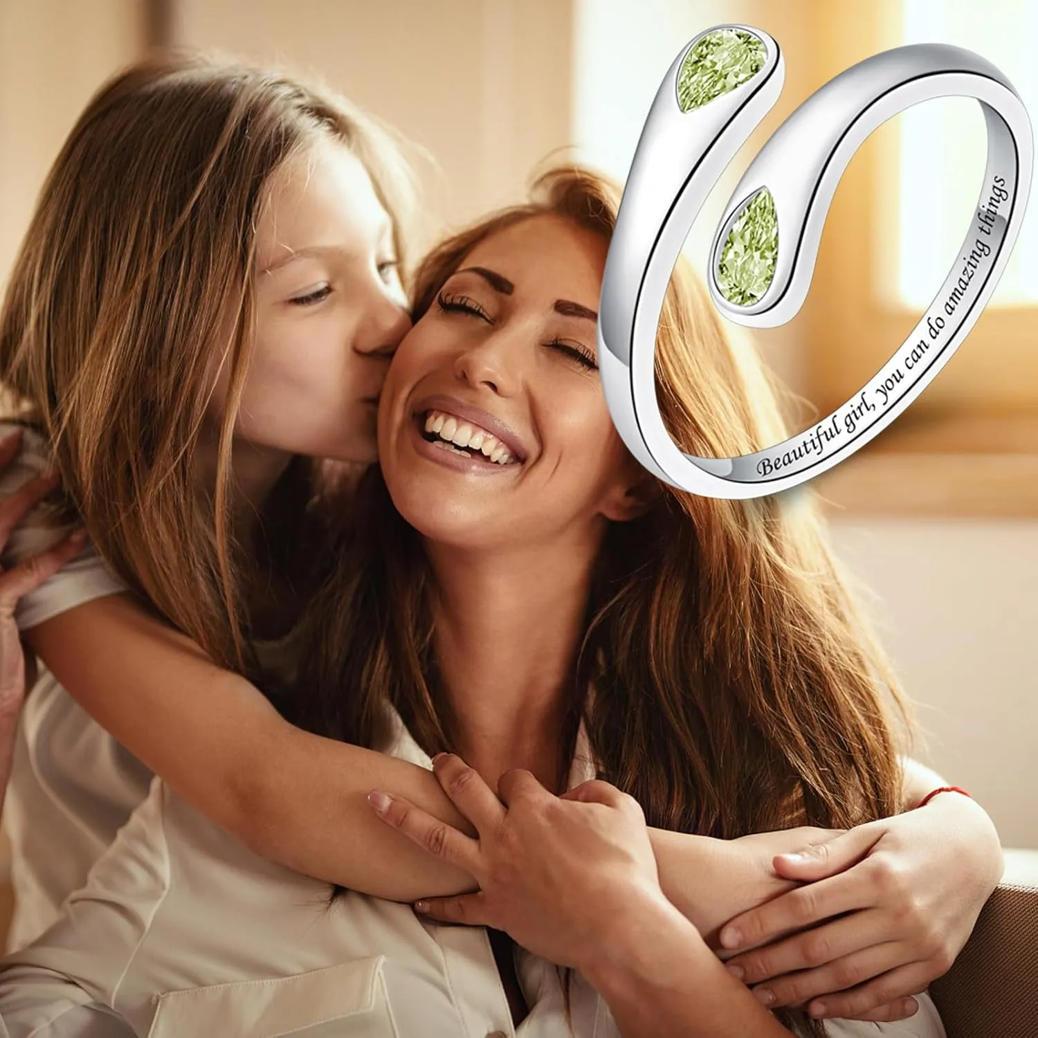 Thumb Rings for Women - 925 Sterling Silver Birthstone Open Teardrop Encouragement Adjustable Ring Women Gifts for Teens Mom Birthday Mother's Day St Patricks Day