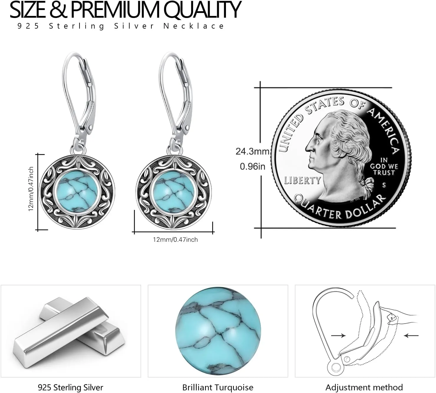 Tibetan Turquoise Earrings Round 925 Sterling Silver Post Western Genuine Blue Hypoallergenic Handmade Stud Earrings Gemstone Dangle Earring for Women Trendy Fashion