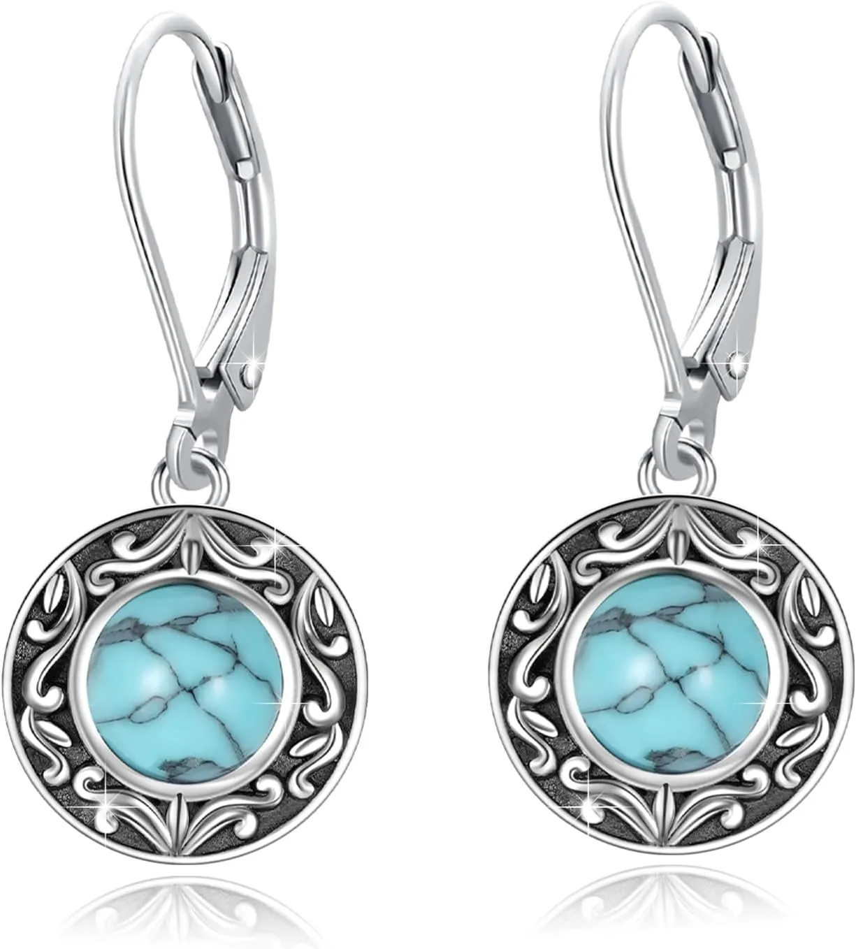Tibetan Turquoise Earrings Round 925 Sterling Silver Post Western Genuine Blue Hypoallergenic Handmade Stud Earrings Gemstone Dangle Earring for Women Trendy Fashion