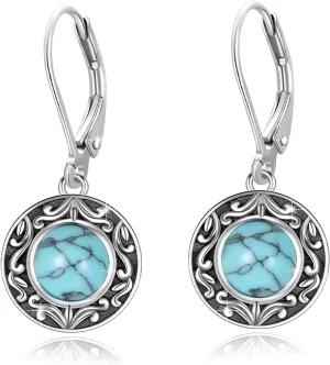 Tibetan Turquoise Earrings Round 925 Sterling Silver Post Western Genuine Blue Hypoallergenic Handmade Stud Earrings Gemstone Dangle Earring for Women Trendy Fashion