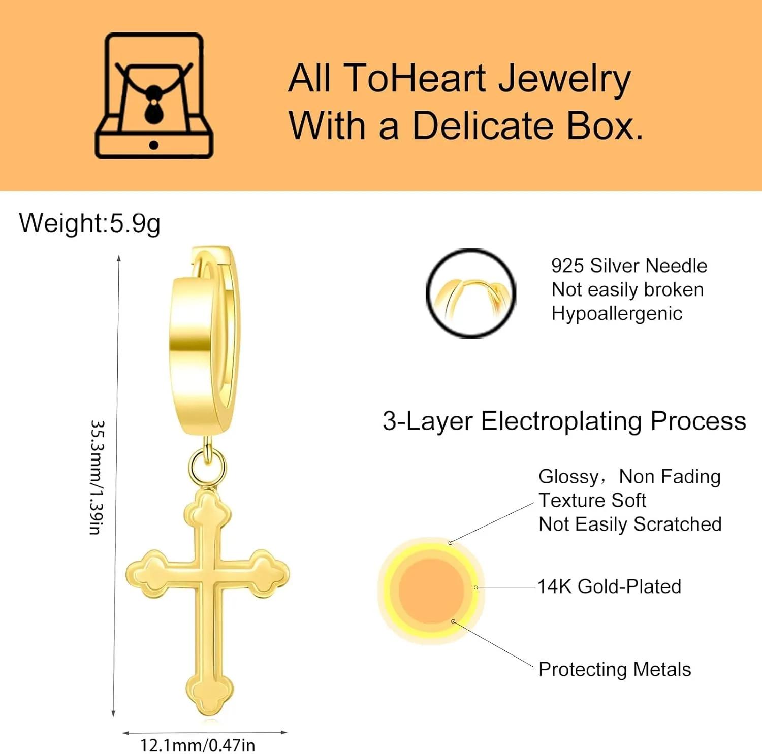 ToHeart Gold Cross Hoop Earrings for Womens Minimalist Gold Earrings Dangle Elegant Hypoallergenic Gifts