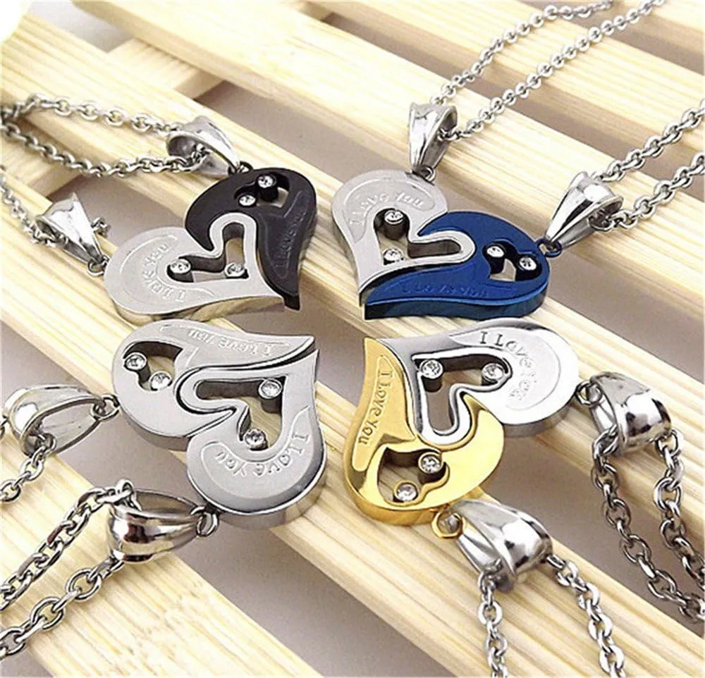 Uloveido Stainless Steel Mens Womens Couples Pendant Necklace Love Heart CZ Puzzle Matching Fashion Jewelry Gifts (9 clolors to Choose) SN102