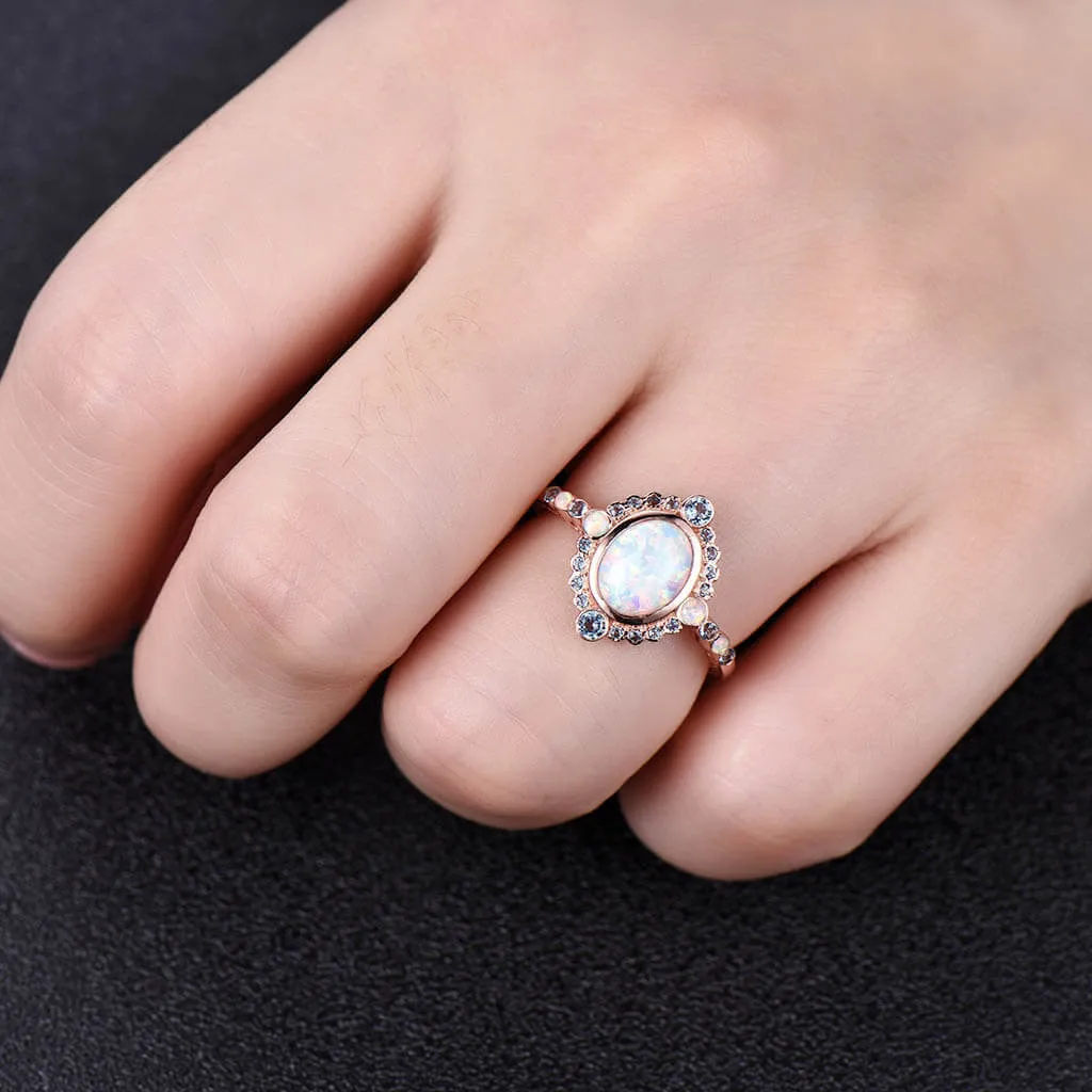 Unique Opal And London Blue Topaz Engagement Ring Rose Gold