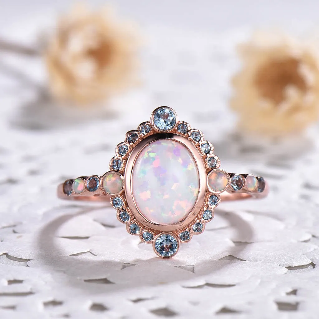 Unique Opal And London Blue Topaz Engagement Ring Rose Gold