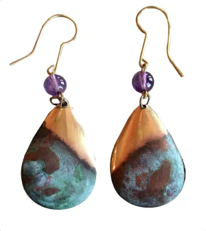 Verdigris Patina Solid Brass Young Collectors Teardrop Dangle Earrings - Amethyst