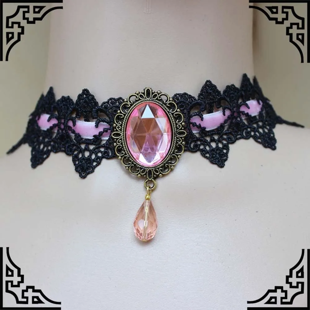 Victorian Costume Party Stone Lace Choker & Bracelet Vintage Black Lace Choker Necklace & Bracelet for Halloween Cosplay