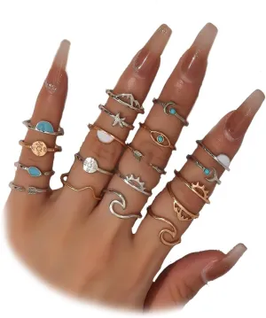 Vintage Boho Stackable Rings Sets for Women,Dainty Rhinestone Gold Knuckle Joint Finger Nail Ring Pack,Moon Star Leaf Waterdrop Ring Gift