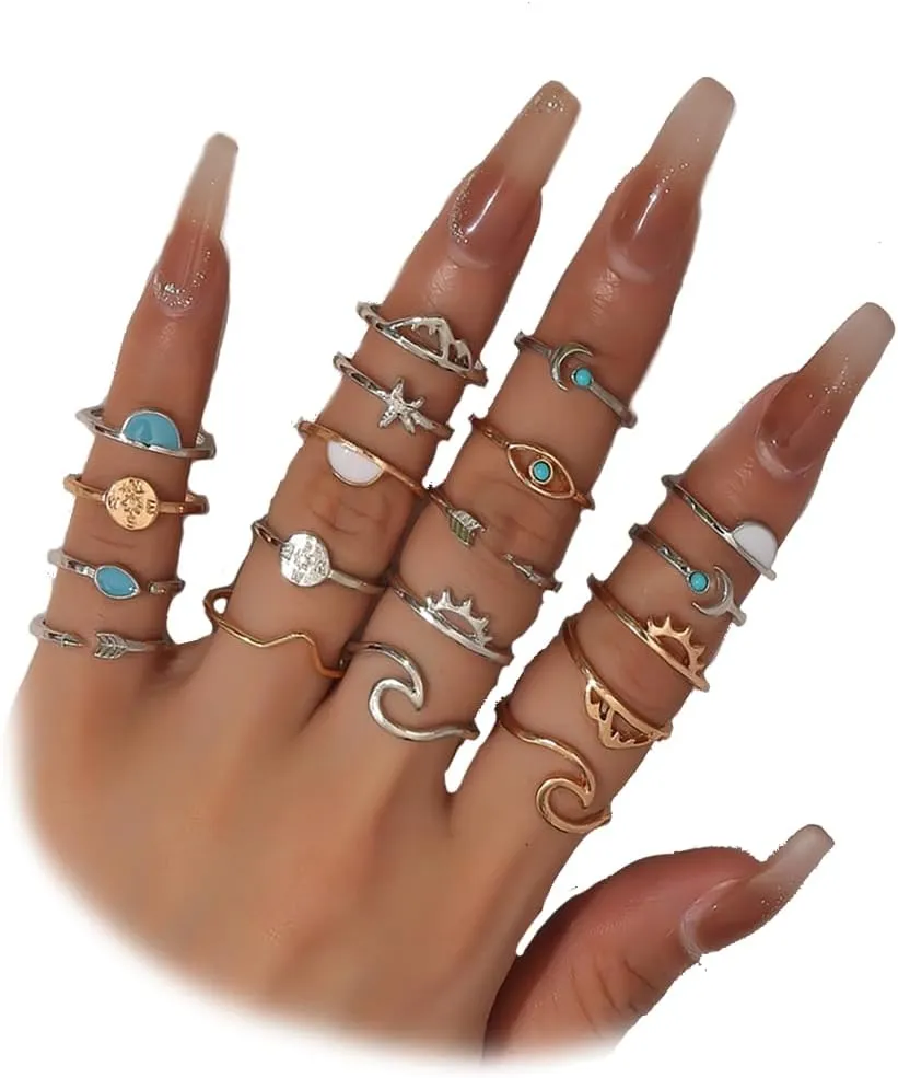 Vintage Boho Stackable Rings Sets for Women,Dainty Rhinestone Gold Knuckle Joint Finger Nail Ring Pack,Moon Star Leaf Waterdrop Ring Gift