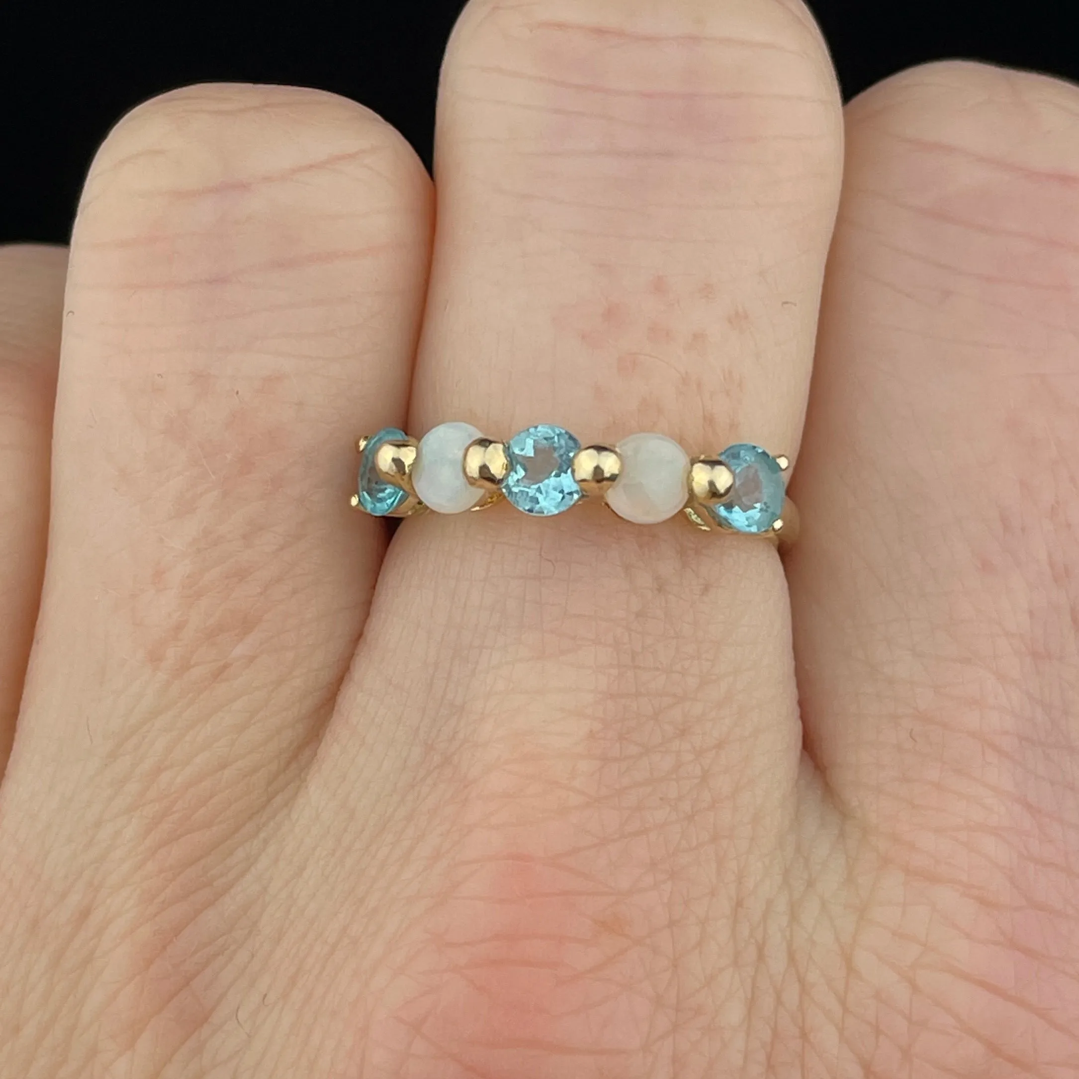 Vintage Gold Opal Simulated Blue Topaz Half Hoop Stacking Ring, Sz 6 1/2