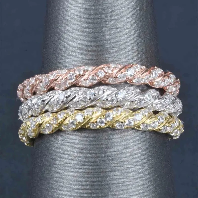 Vintage Knuckle Set of 3 Ring Gold Rings for Women, 14K Gold/Silver/Rose Gold Set Ring Diamond Finger Rings Twisted Chain Ring Stackable Band Rings Dainty Cubic Zirconia Sparkling Delicate Ring9