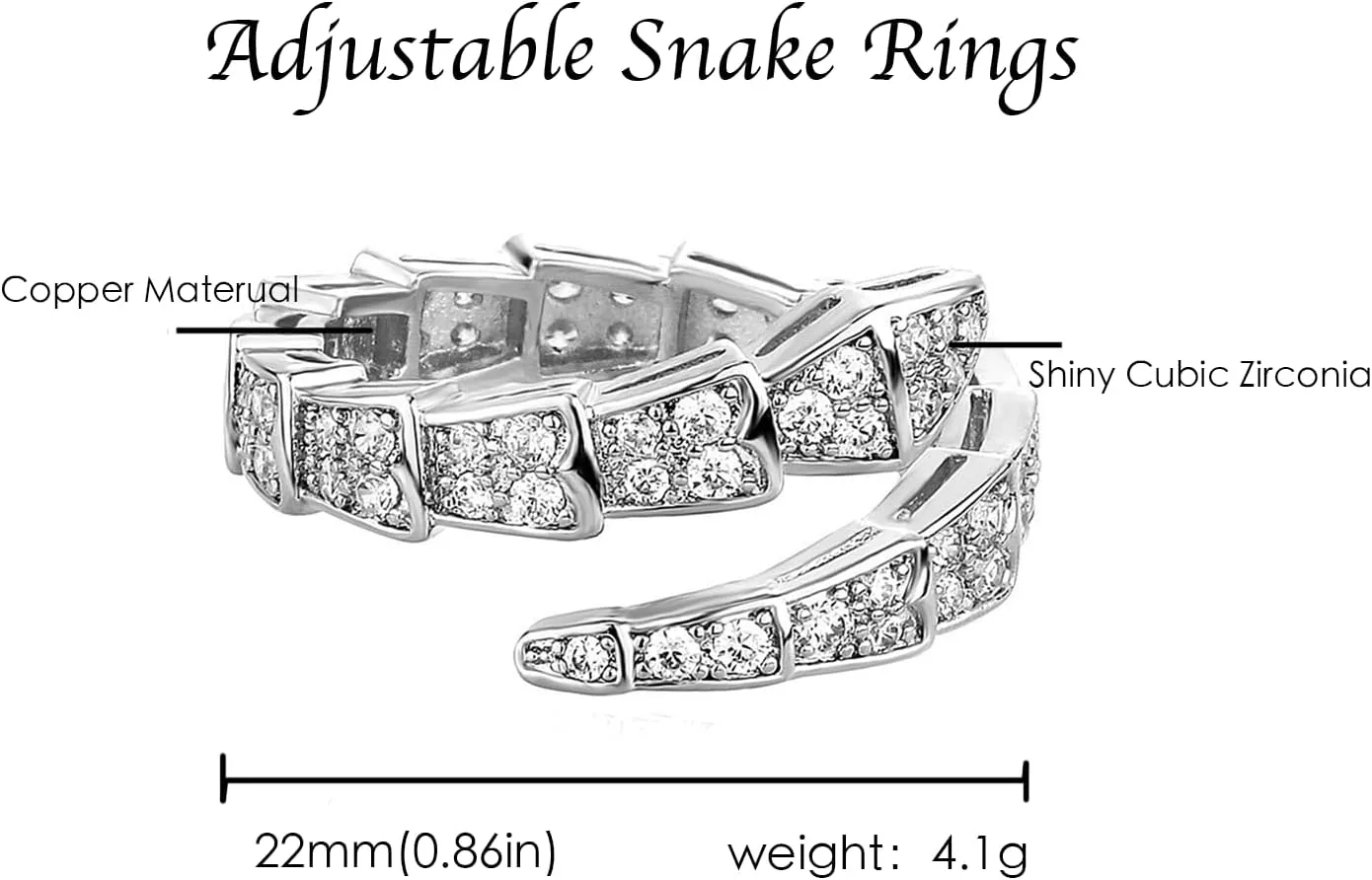 Vintage Snake Rings for Women Cubic Zirconia Spinel Diamond Open Adjustable Silver Plated Promise Statement Rings for Lady Women Birthday Anniversary Party Gold Plated