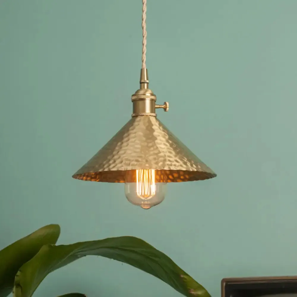 Vintage Suspension Pendant Light with Metallic Brass/Gold Finish - 7"/8.5" Conical Shade, 1-Light