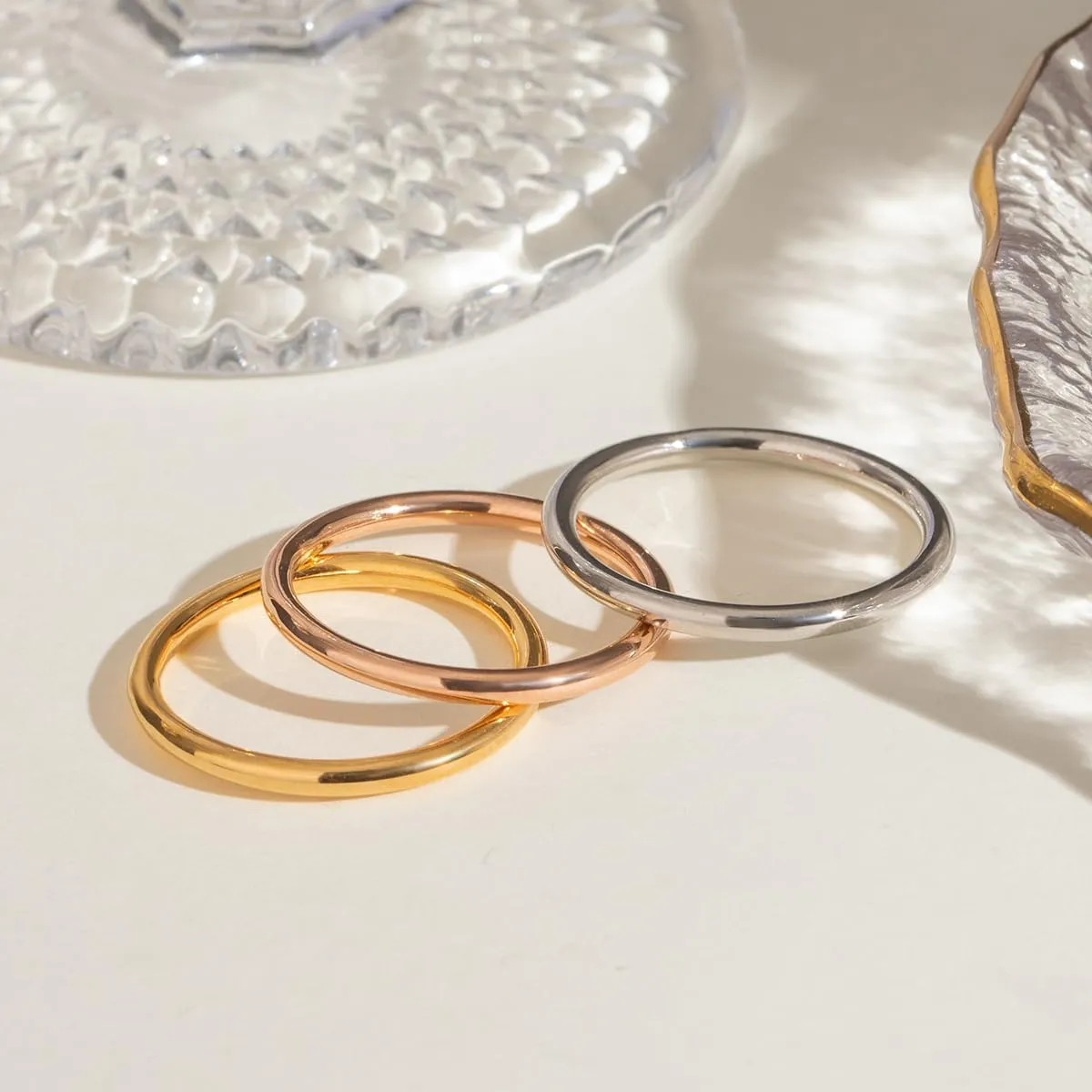Waterproof Non Tarnish Stackable Rings for Women - Silver Gold Rose Gold Multi Ring Interlocked 3 Ring Set - Water Resistant Never Fades Stacking Rings Band for Women