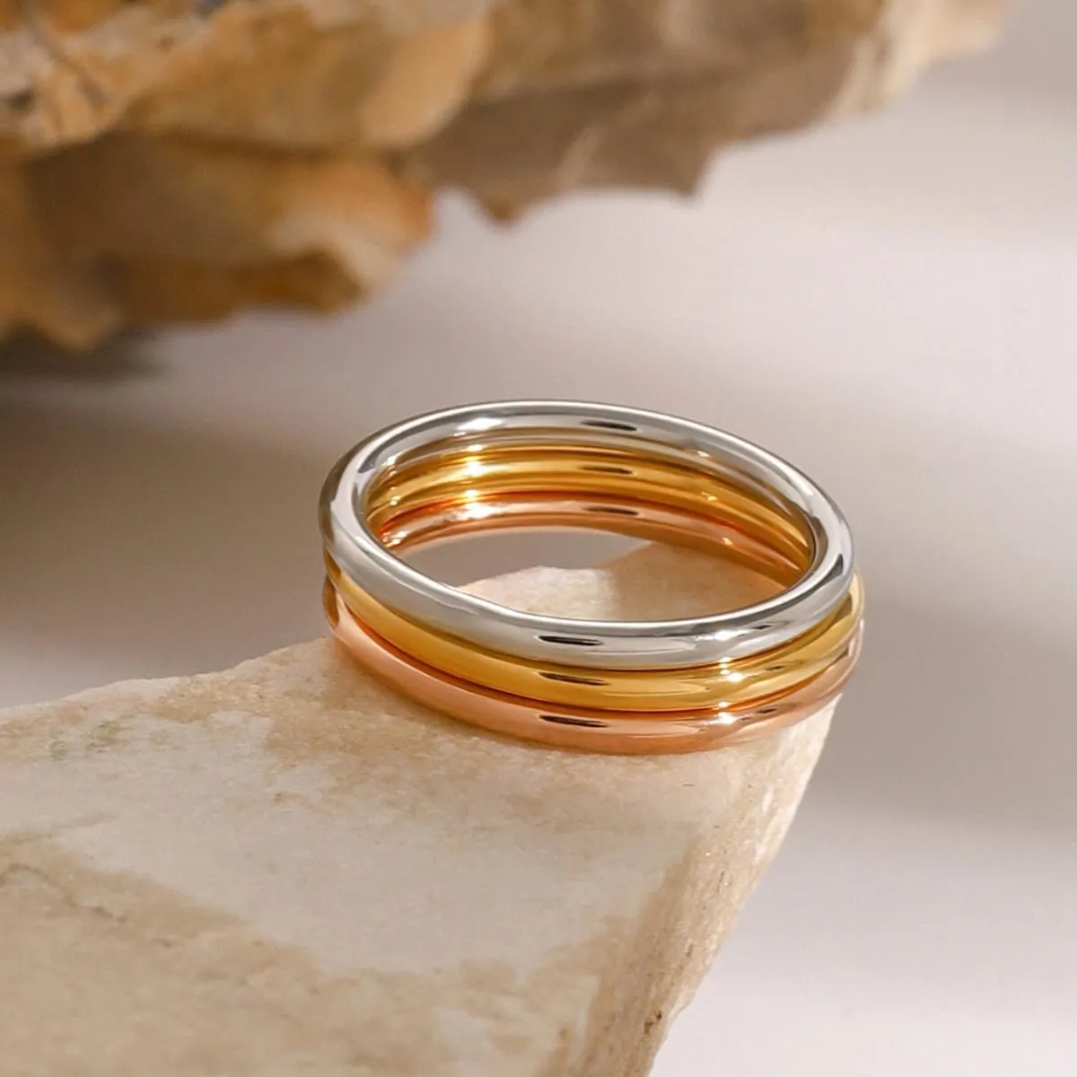 Waterproof Non Tarnish Stackable Rings for Women - Silver Gold Rose Gold Multi Ring Interlocked 3 Ring Set - Water Resistant Never Fades Stacking Rings Band for Women