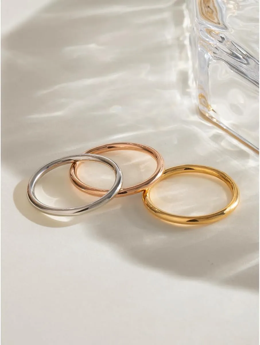 Waterproof Non Tarnish Stackable Rings for Women - Silver Gold Rose Gold Multi Ring Interlocked 3 Ring Set - Water Resistant Never Fades Stacking Rings Band for Women