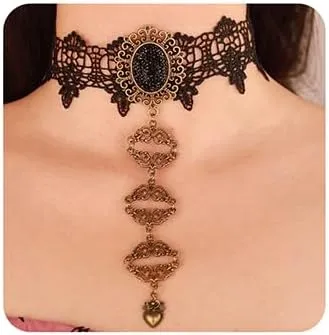 Wiwpar Punk Black Womens Chokers Necklace Gothic Collar Lace Long Pendent Chocker Crystals Necklaces Halloween Christmas Accessories for Women (Style1)