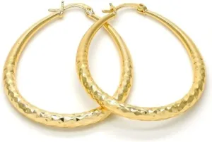 Women's 14K Gold Layered Oval Hoop Earrings Diamond Cut Finish Tear Drop Shape Hollow 4mm (50X40mm)