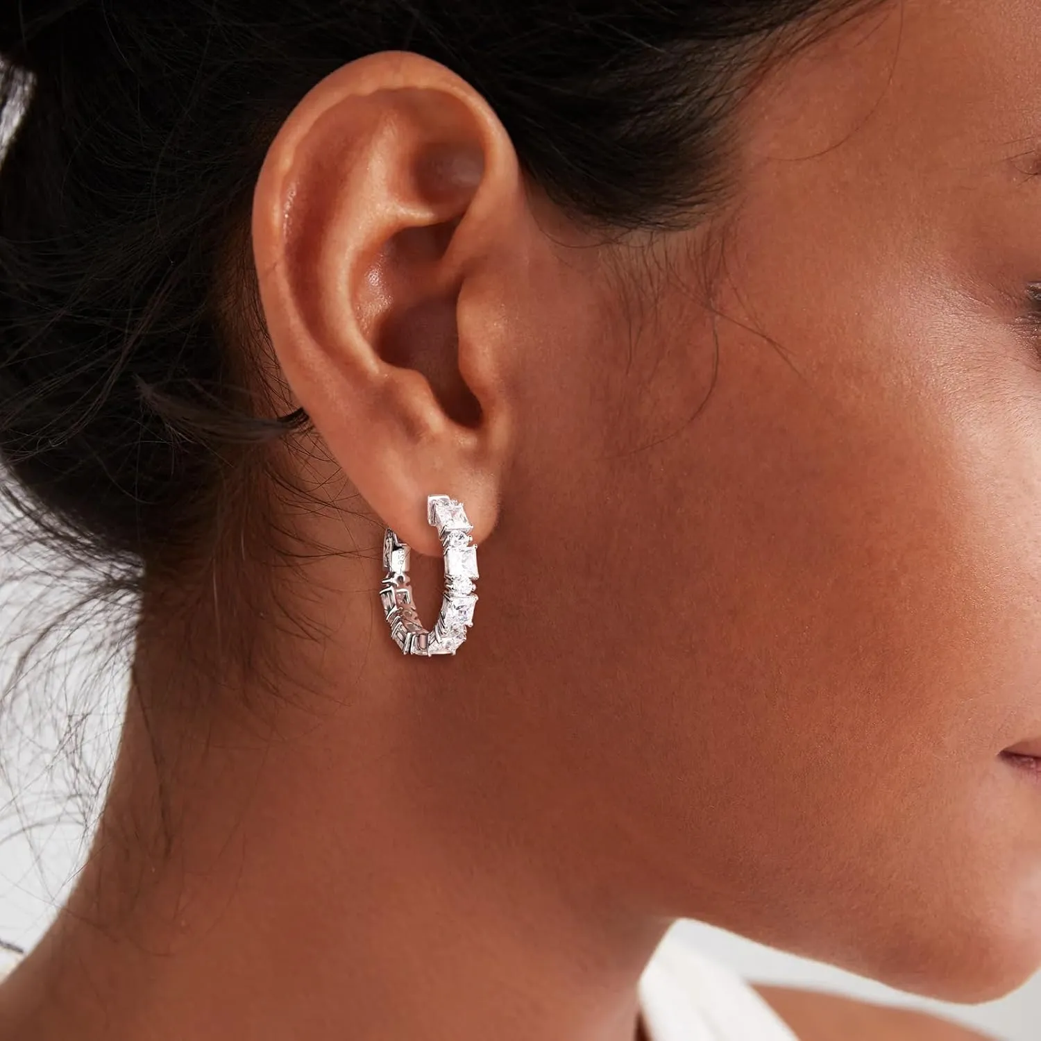 Women's Small Huggie Hoop Earrings - 925 Sterling Silver Chunky Hoops with Ruby, Sapphire, Emerald, Amethyst Gemstones
