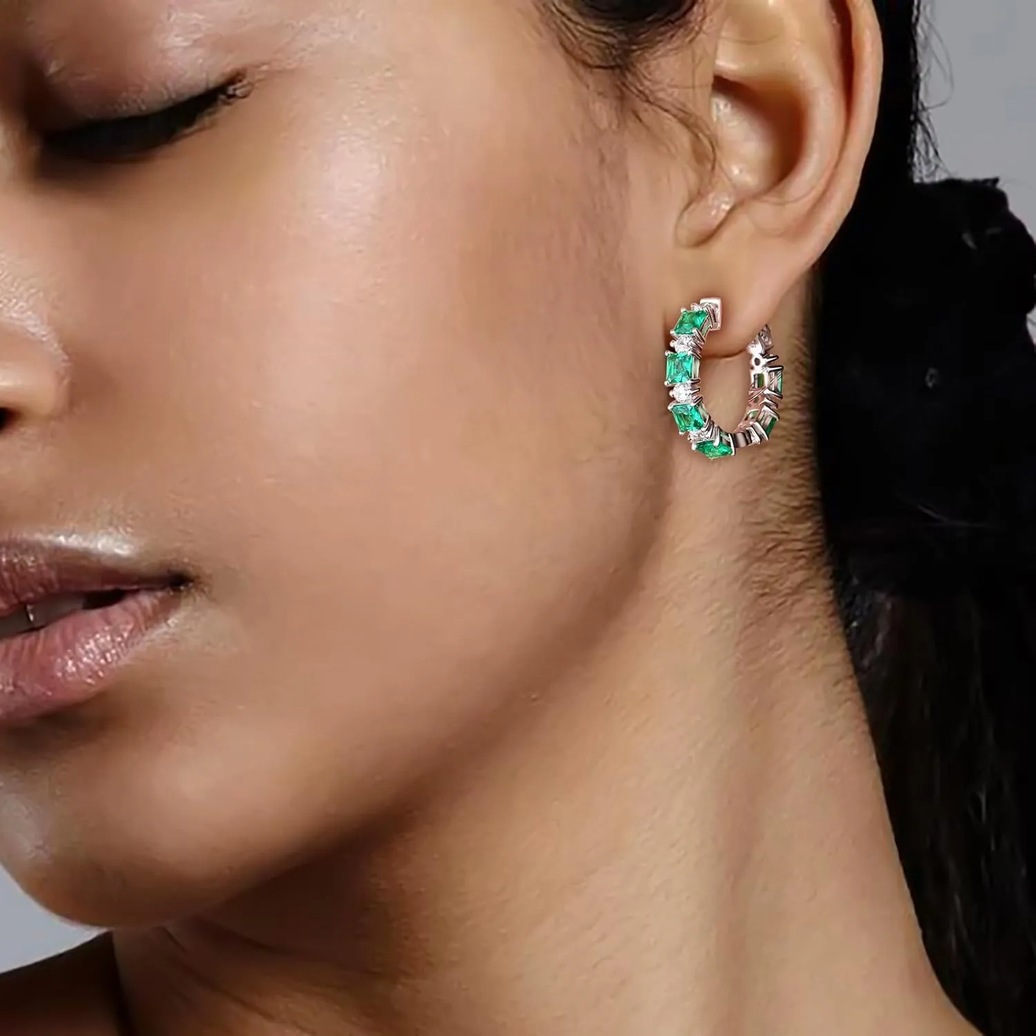 Women's Small Huggie Hoop Earrings - 925 Sterling Silver Chunky Hoops with Ruby, Sapphire, Emerald, Amethyst Gemstones